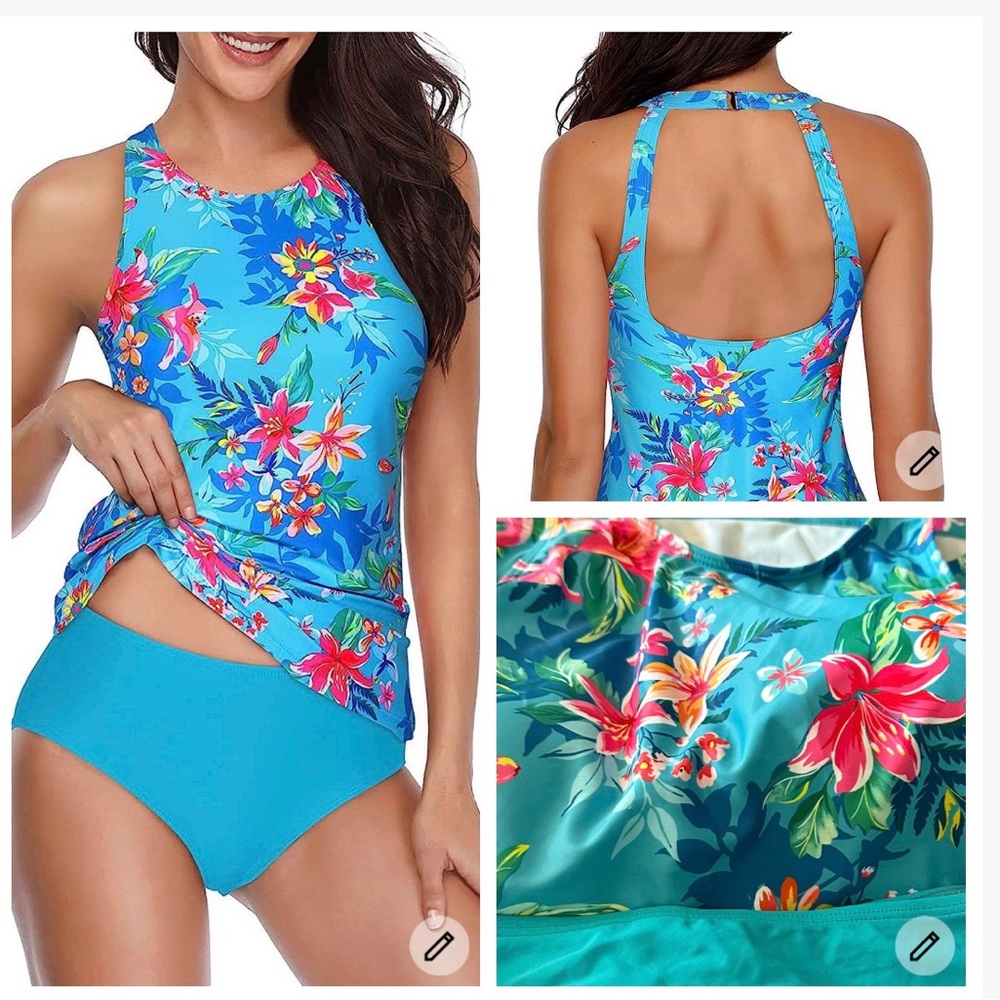 Tankini Swimsuits High Neck Tops Halter Swimwear teal floral medium feminine - Picture 7 of 8